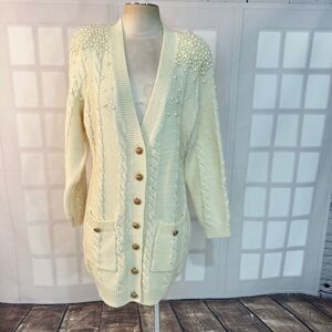 Lilly's Kloset Cream Cable Knit Golf Button V-Neck Long Cardigan Size 2XL